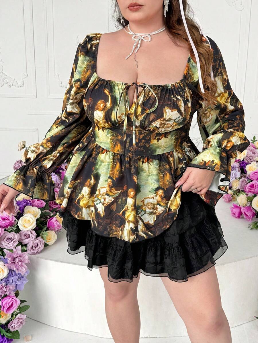 Flirla French Niche Vintage Art Painting Lady Print Shirred Puff Sleeve Gathered Waist A-Line Blouse - Multicolor - View 1