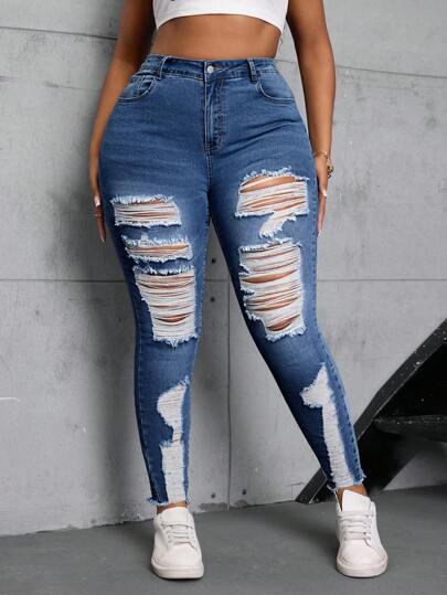 SHEIN SXY 大码女式口袋破洞紧身休闲百搭牛仔裤