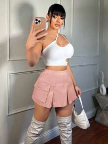 SHEIN SXY Women's Summer Plain Cargo Pocket A-Line Pleated Mini Skirt - Dusty Pink - View 2