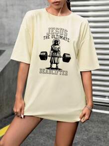 INAWLY Camiseta casual de manga corta, cuello redondo y corte holgado con gráfico impreso de Jesús levantando una barra de pesas para mujer - Albaricoque - Ver 3