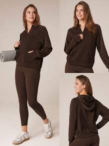 GLOWMODE Áo hoodie dài tay cỡ lớn Modal Silk Touch có khóa kéo nửa đầu thu - Màu nâu Sô-cô-la - Xem 7