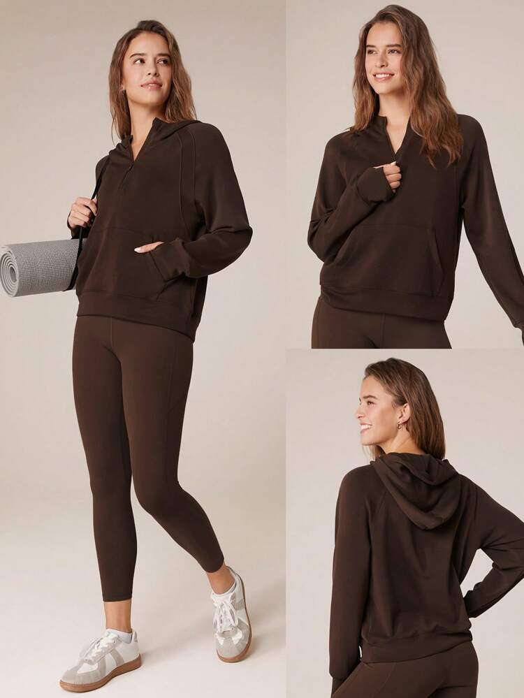 sweat-shirt à capuche ample à demi-zip à manches longues en modal et soie, pour l'automne