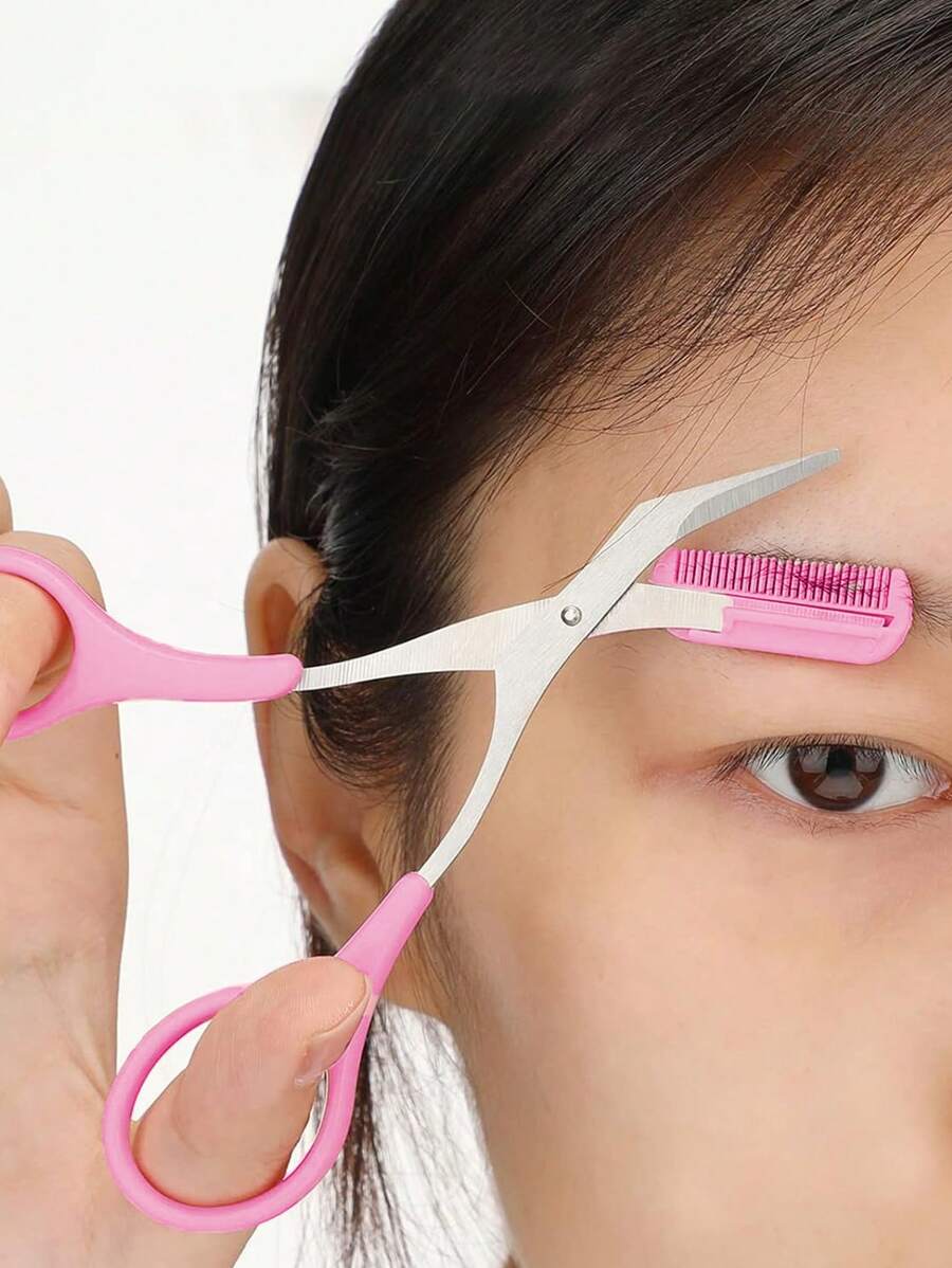 SHEIN 1 件升级版男女通用眉毛剪梳,更坚固更锋利,新版辅助眉梳剪刀,男女皆宜,完美的眉毛修剪工具,可更好地控制长度,修剪眉毛,家庭美容小工具,带迷你梳子的剪刀 - 粉色 - 查看 1