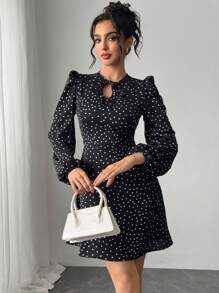 Chiquease 女士优雅波尔卡圆点印花蝴蝶结腰长袖连衣裙，收腰设计，适合春秋季节 - 黑色 - 查看 6