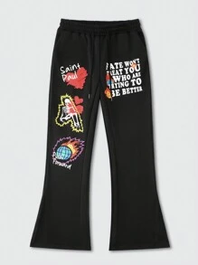 ROMWE MEN Street Life 男式标语印花抽绳腰喇叭运动裤 - 黑色 - 查看 1