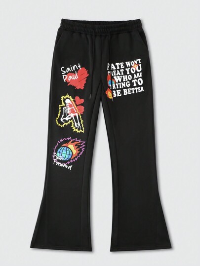Street Life Pantalones de chándal con estampado de lema, cintura con cordón y abertura acampanada para hombres