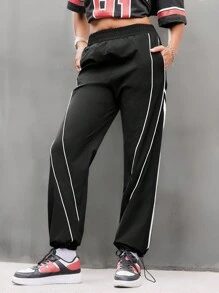 Streetz SHEIN Sport Women Side Stripe Elastic Waist Loose Straight Leg Sweatpants - Black - View 7