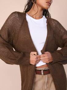 COSMINA 女士纯色休闲长袖长开衫，秋冬 - 棕色 - 查看 7