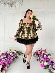 Flirla French Niche Vintage Art Painting Lady Print Shirred Puff Sleeve Gathered Waist A-Line Blouse - Multicolor - View 3
