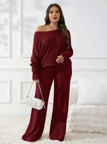 SHEIN Frenchy Plus Size Solid Color Crew Neck Long Sleeve Sweater And Pants Casual Outfits,Fall Sweaters - Burgundy - View 7