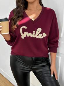 SHEIN Frenchy Plus Size Casual College V-Neck Letter Embroidered Pullover Sweatshirt Graduation,Back To School Outfits,Graduation,Teacher Outfits For Women,Back To School