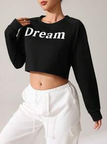 SHEIN Sports 休闲字母印花短款卫衣 - 黑色 - 查看 5