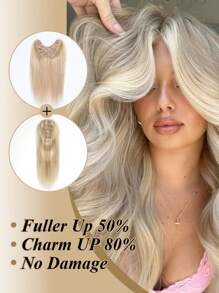 1pc V-Shaped Hairpiece Clip In Hair Extensions &1pc 3.25*5 Real Human Hair Toppers 14Inch/35Cm&12Inch/30Cm 100% Real Remy Human For Thinning Hair - Easy To Style, Lightweight, Breathable, Invisible And Undetectable, Suitable For All Hair Types And Daily Wear Honey Golden Light Blonde Color S18/22# - SP18/22 - View 2