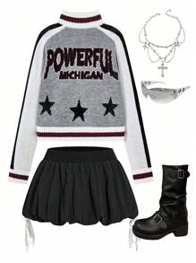 Muchica Áo len cardigan dài tay có khóa kéo họa tiết Preppy Going Out dành cho nữ - Màu Xám nhạt - Xem 8