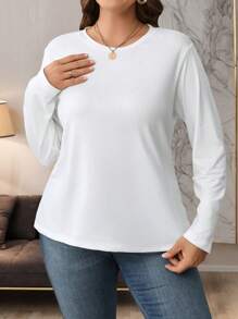 SHEIN LUNE Camiseta de manga larga de cuello redondo de unicolor básica para tallas grandes para atuendo primaveral