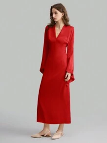 Ontre Women V-Neck Long Sleeve Irregularly Flared Sleeve Dress, Holiday Party Formal Outfit, Long Dress, Cardinal Red, Autumn/Spring - Red - View 5