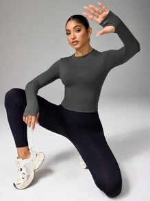 Easithlete Áo thun thể thao thường ngày dài tay cổ tròn màu trơn dành cho nữ & áo ba lỗ - màu đen - Xem 4