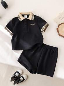 SHEIN Leap Crew Conjunto Casual Diário de Estilo Universitário Preto com Camisa Polo para Bebê Menino, Adequado para Primavera e Verão - Preto - Visão 3