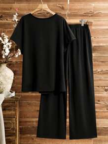 Lacomfia 2pcs/Set Women Plus Size Geometric Print V-Neck Short Sleeve Top And Pants Set