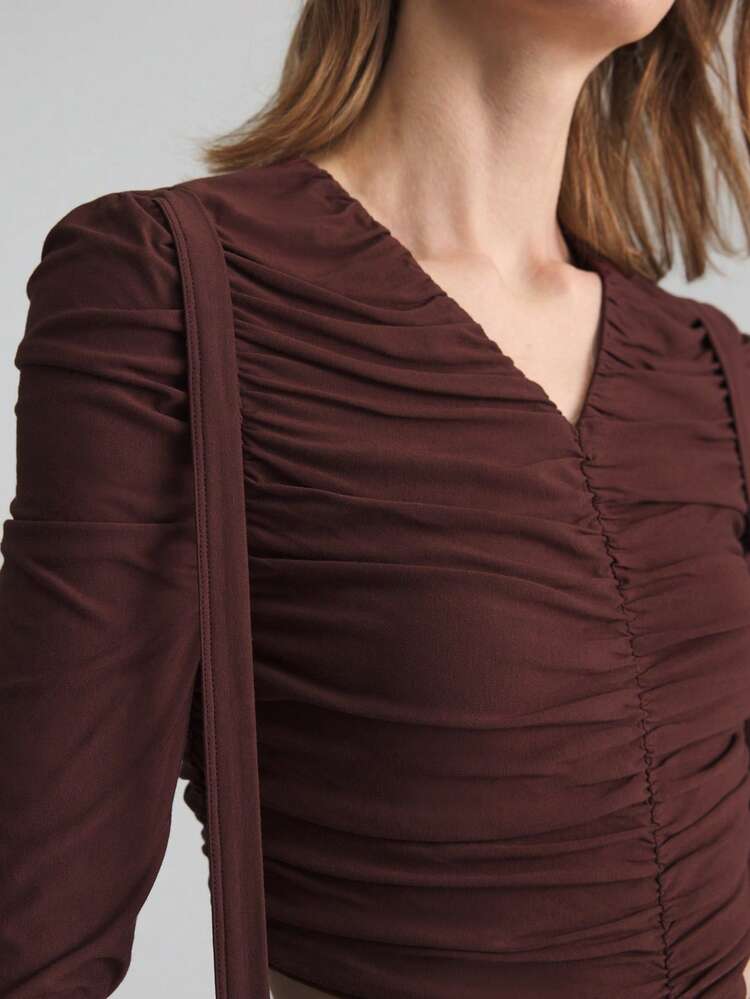 Women's Brown Ruched Tie Wrap Solid Color Ruched Long Sleeve Side Hollow Fashion Dress