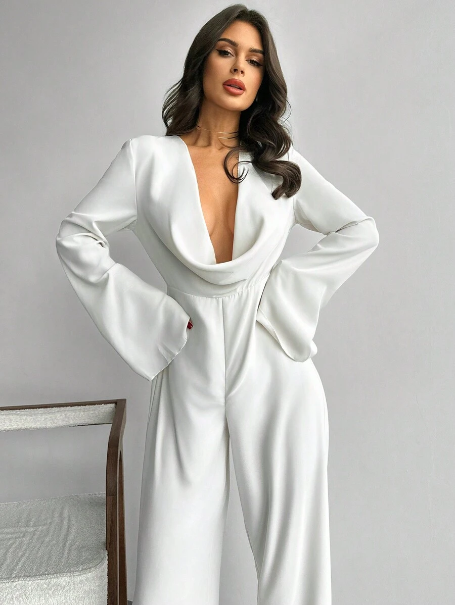 Firerie 女士优雅简约都市通勤时尚蝙蝠袖高腰连体裤，秋冬 - 杏色 - 查看 1