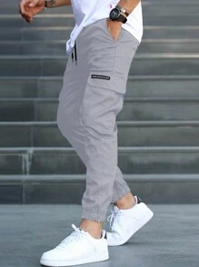 Manfinity Homme 男士字母刺绣抽绳腰部工装口袋休闲配件，秋季 - 淺灰色 - 查看 1