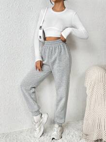 SHEIN PETITE CURVE Plus Size Women Solid Color Elastic Waist Drawstring Casual Sweatpants - Light Grey - View 5