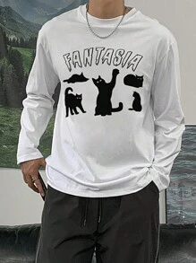 DAZY Men's Cartoon Cat & Letter Print Casual T-Shirt,Fall Clothes - White - View 5