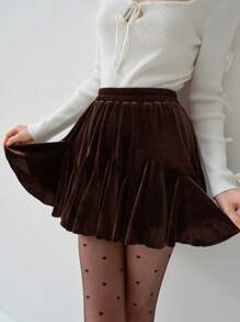 Enchnt Jupe mini mignonne à volants en velours marron pour femmes, romantique pour l'hiver/le printemps. Élégante et douce pour les fêtes de Noël, le Nouvel An, les anniversaires, les vacances, les sorties romantiques et les déplacements quotidiens - Marron - Voir 3
