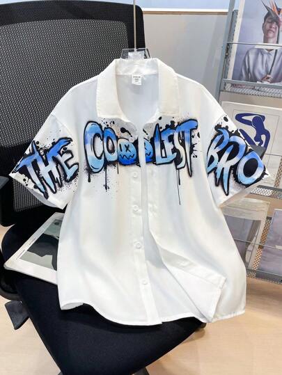 SHEIN Leap Crew 宽松版型青少年男孩图案休闲衬衫