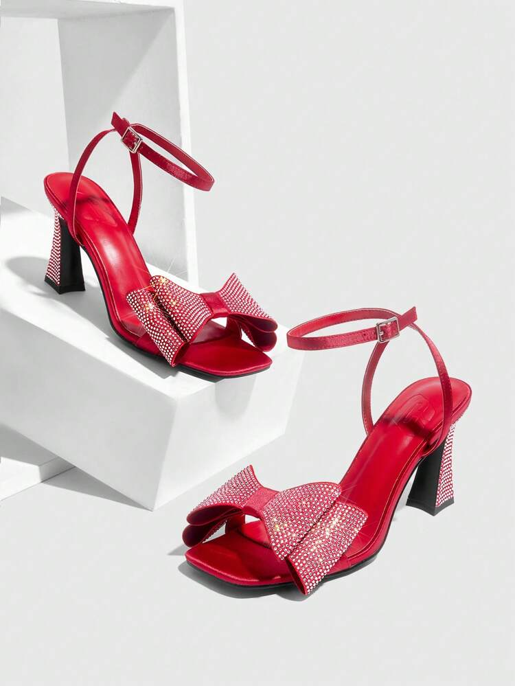CUCCOO SZL Black Square Toe Rhinestone Stiletto High Heel Ladies Dress Red Sandals, Suitable For Evening Wear Valentine's Day