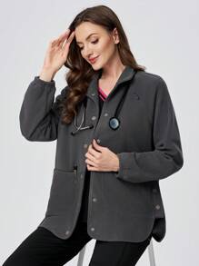 TaskEZ Plush Stand Collar Side Slit Women Scrub Uniform Jacket - Grey - View 1