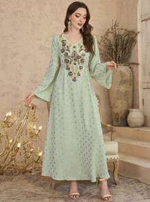 Al Najma Vestido de estilo árabe con cuello en V, mangas acampanadas con adornos y estilo fluido para mujer, vestidos árabes de primavera/verano, modestos