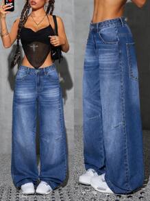 SHEIN ICON Jeans de mujer de patas anchas y lavados con remaches, moda estilo urbano - Azul lavado oscuro - Ver 4