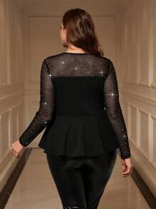 SHEIN Clasi Curvy Plus Size Dames Ronde Hals Mesh Glitter Strass Lange Mouw Elegant T-shirt Voor Gastenfeest Party Dance, En Nova Feminine, ,Look And Nova,Festivals Dames,Top,Oudejaarsavond