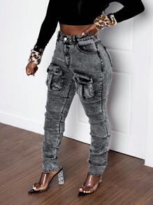 SHEIN Slayr Jeans cargo slim de mujer con lavado vintage informal - Gris - Ver 5