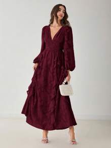 Enchnt Đầm Maxi Thanh Lịch Cổ Chữ V Tay Phồng Viền Xếp Ly Màu Trơn Cho Nữ - Màu Đỏ Sâu - Xem 5