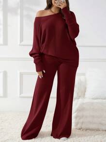 SHEIN Frenchy Plus Size Solid Color Crew Neck Long Sleeve Sweater And Pants Casual Outfits,Fall Sweaters - Burgundy - View 8