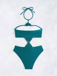 Swim Chiccia Women's Solid Color Hand Crocheted Hollow-Out One-Piece Swimsuit Summer - Teal Blue - View 5