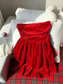 SHEIN EZwear Women's Red Velvet A-Line Strapless Dress, For Christmas - Red - View 5