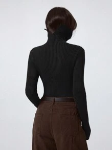 LYSMO 女士纯色高领长袖简约休闲上衣，日常穿着 - 黑色 - 查看 2