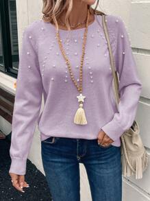 EMERY ROSE Women's Crew Neck Bubble Beaded Sweater, Minimalist Fashion Casual Daily Wear