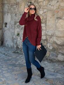 SHEIN LUNE Women Solid Color Button Design Long Sleeve Sweater, Suitable For Valentine's Day, New Year's Celebration
