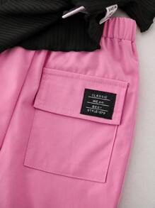 SHEIN Playful Pals 2件套女婴0-3岁休闲街头风运动荷叶边圆领短袖露脐上衣+工装裤两件套 - 彩色 - 查看 6
