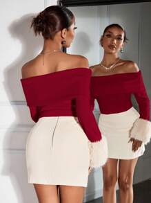 SHEIN SXY Herfstkleding voor dames; Lente-herfst effen kleur patchwork, harige manchetten, off-shoulder, getailleerde modieuze blouse, uitgaanstops voor dames, elegante outfit voor dagelijkse dates, clubbing, feesten en nieuwjaarsevenementen; Nieuwjaarsoutfit voor dames