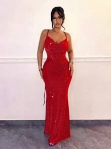 SHEIN SXY Váy dài hở lưng màu đỏ thanh lịch cho nữ có dây đeo mảnh - Đỏ - Xem 4