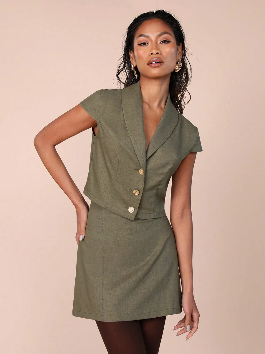 COSMINA Women Casual Commute Solid Color Short Sleeve Top And Skirt 2 Pieces Set