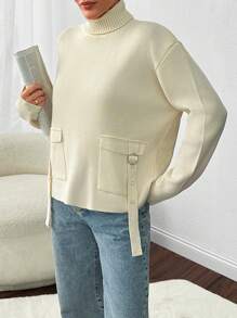 EURMUSE 1pc Women's Solid Color High Neck Long Sleeve Pocket Minimalist Casual Top