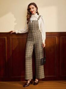 Vintamour 复古格纹印花背带裤，秋冬新年休闲女装 - 咖啡棕 - 查看 6