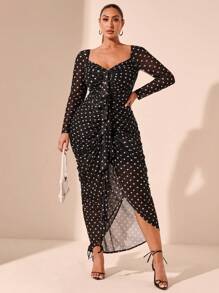 SHEIN BAE Váy dài tay xếp nếp họa tiết chấm bi thanh lịch cỡ lớn thời trang thu đông thích hợp cho hẹn hò, tiệc tùng, trà chiều - màu đen - Xem 2